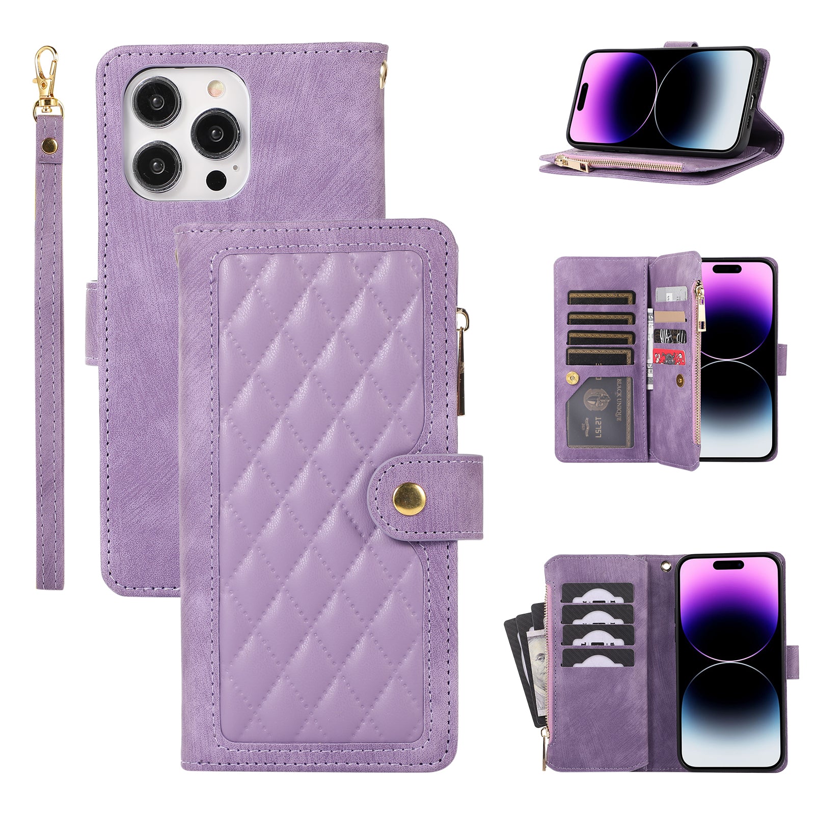 For iPhone 14 Pro Anti-drop Case Multiple Card Slots Zipper Pocket Rhombus PU Leather Stand Phone Cover For iPhone 14 Pro Anti-drop Case Multiple Card Slots Zipper Pocket Rhombus PU Leather Stand Phone Cover